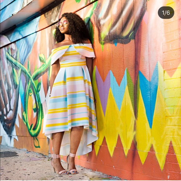 easter off the  shoulder stripe dress high low - Picture 3 of 4